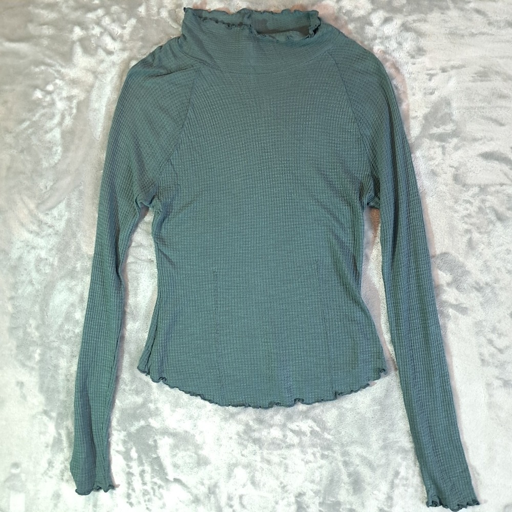 Intimately Free People Make It Easy Thermal Top S Lettuce Edge Waffle Knit Green